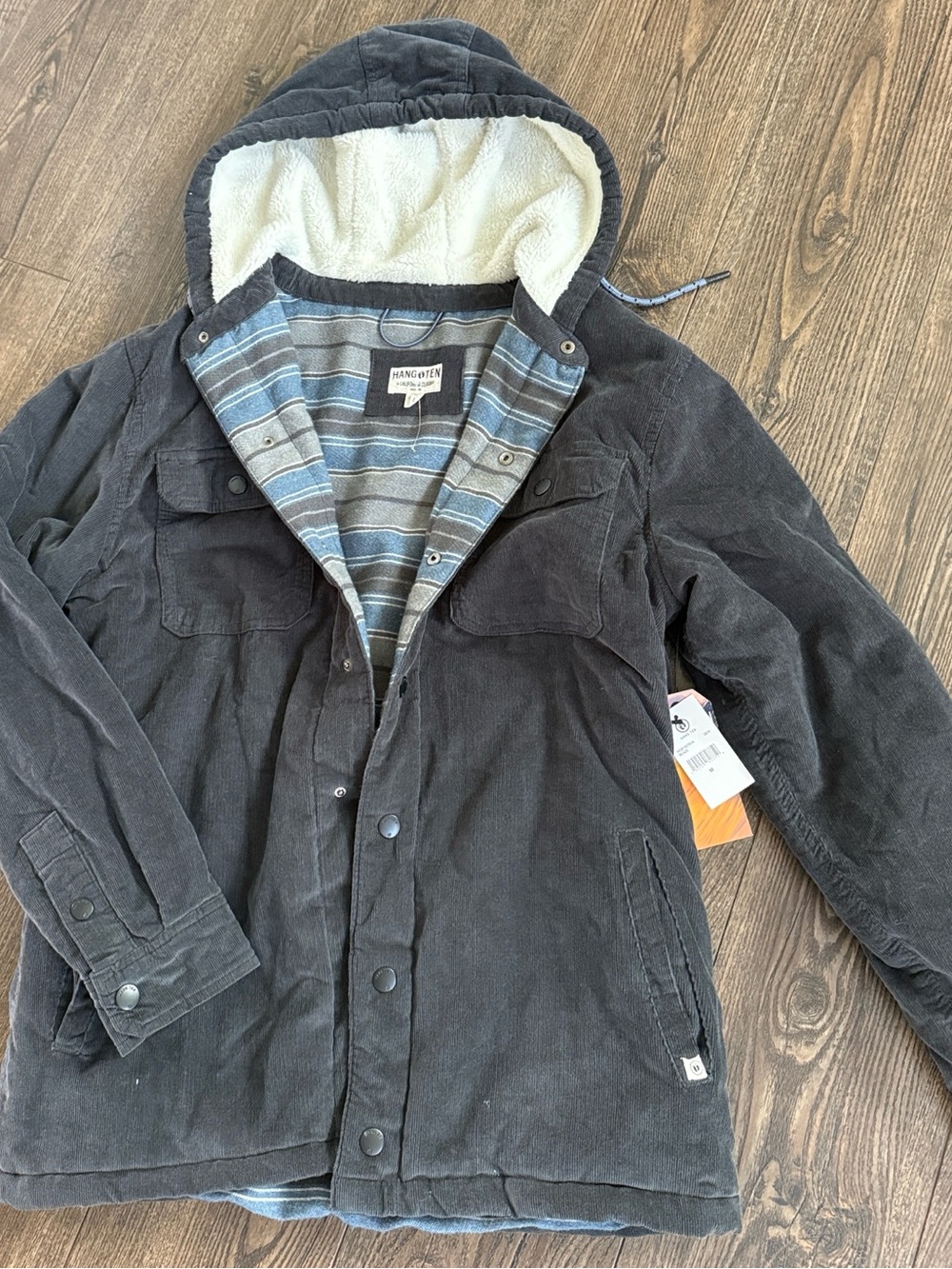 Hang Ten NWT Men's Dark Navy Corduroy Hooded Jacket Lined Pockets Medium